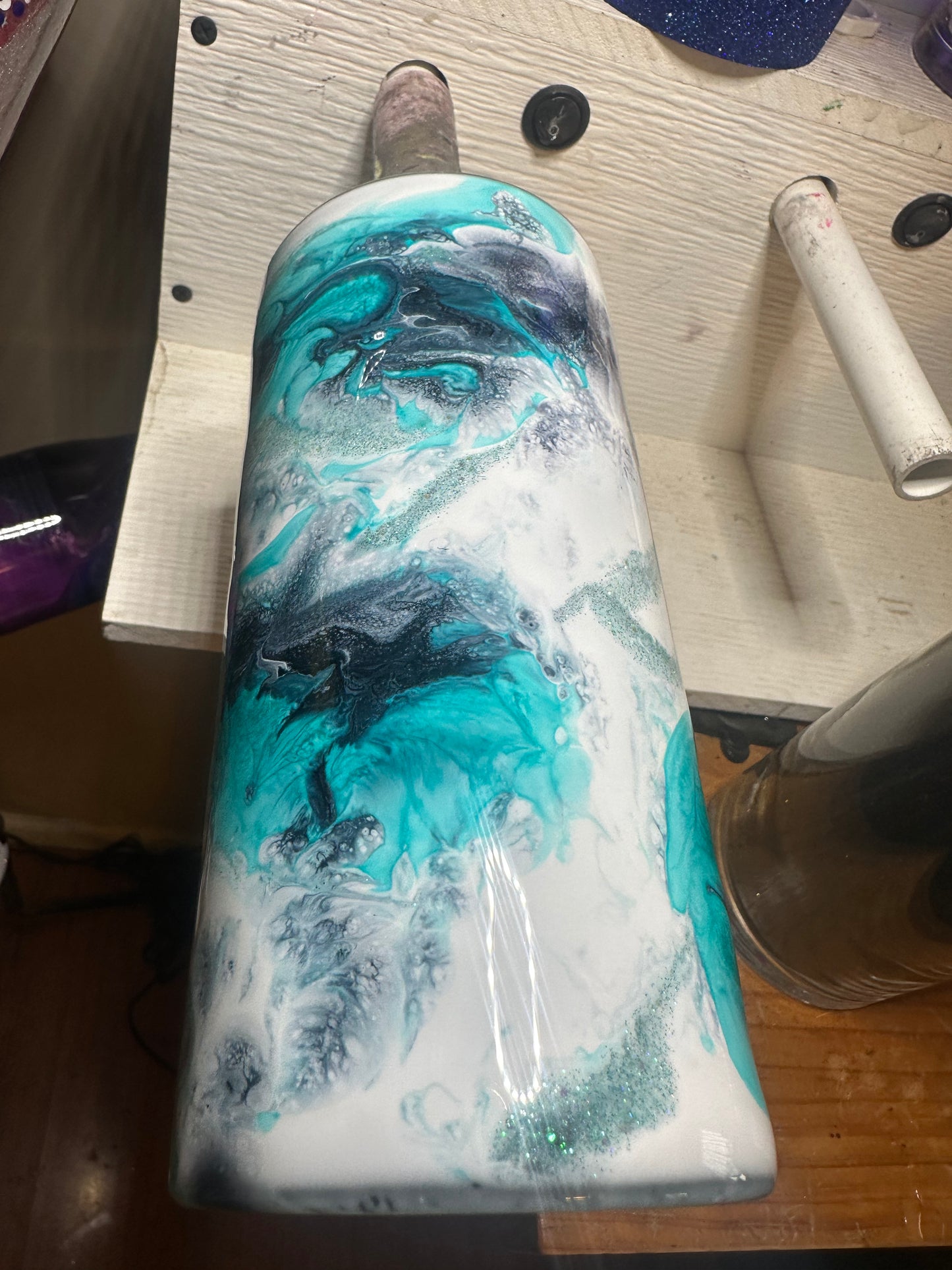 White and Teal GLASS Vase