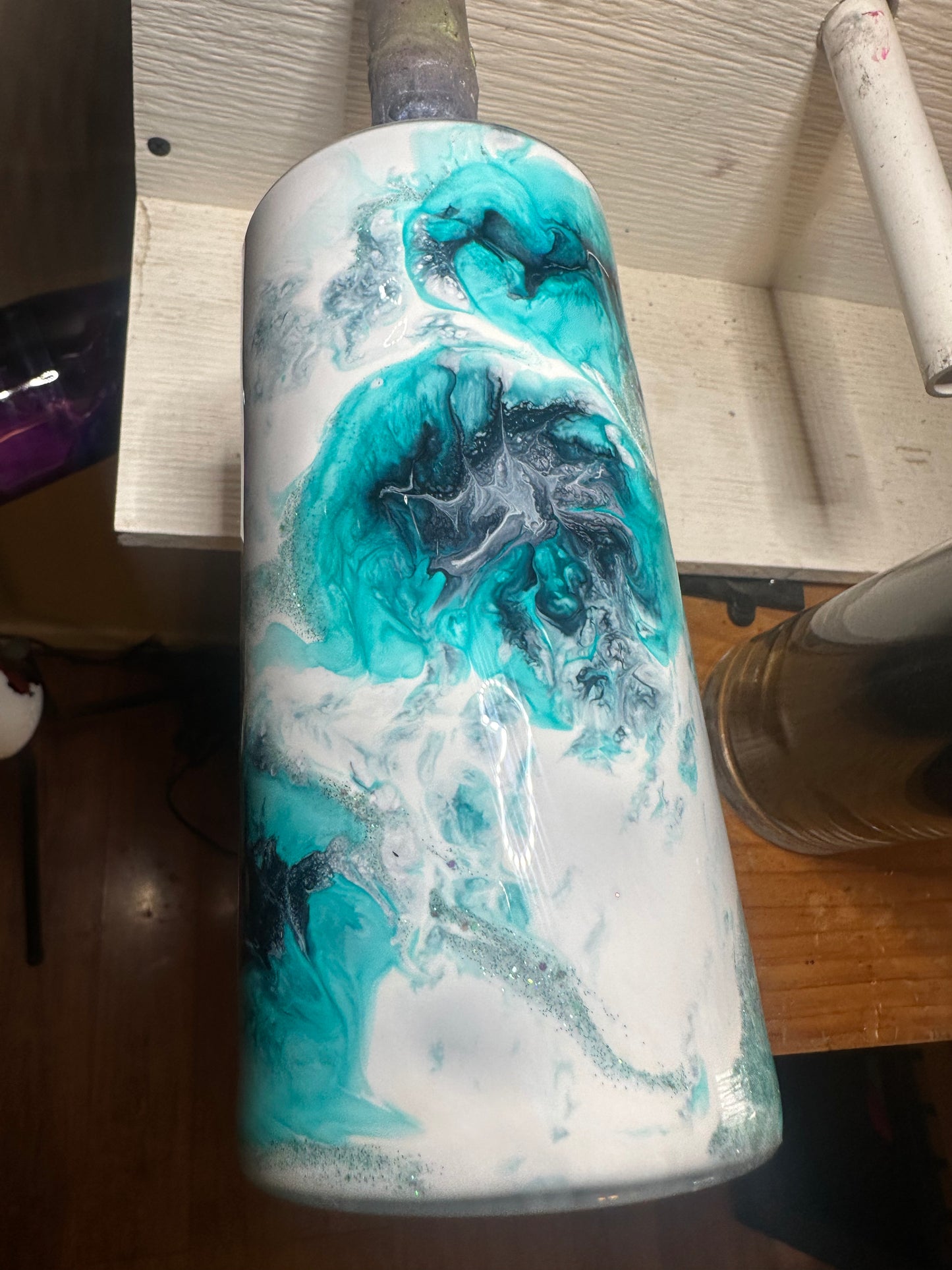 White and Teal GLASS Vase